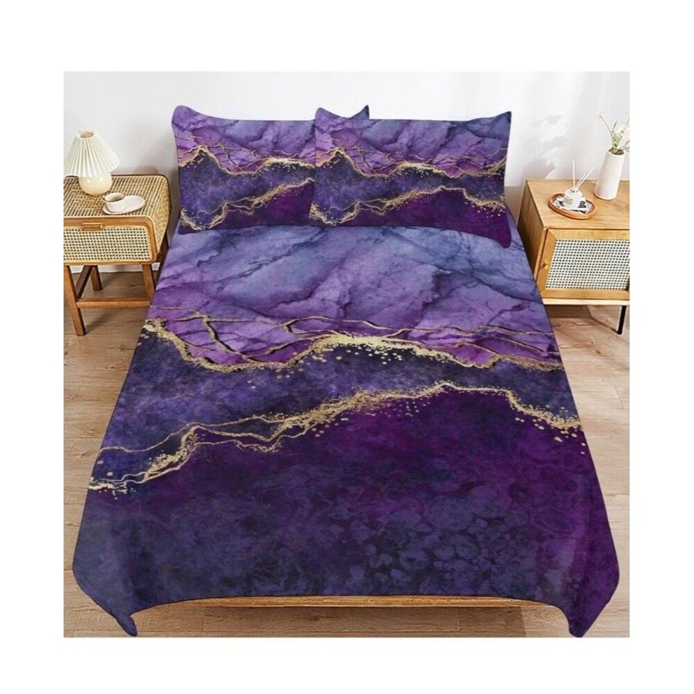Purple Marble Bedding Set Abstract Gold Comforter 84x75 (Full) 2 Pillow Cases